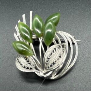 Silver Toned Filigree Metal and‎ Faux Jade Flowers